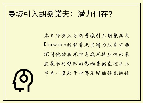 曼城引入胡桑诺夫：潜力何在？